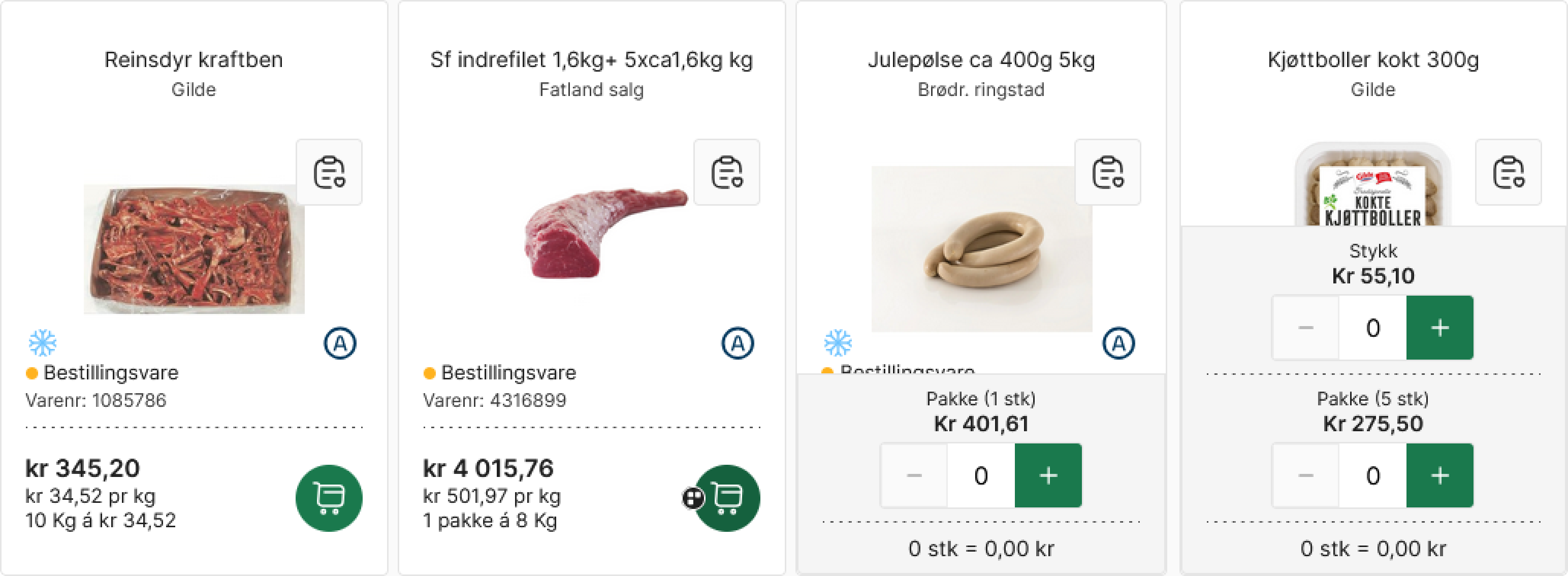 Illustrasjon av 4 forskjellige produkter som viser forskjellen på pakningstørrelser og enheter.