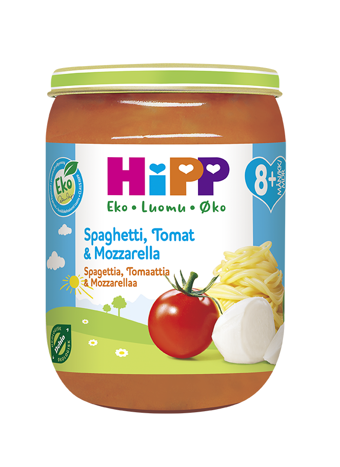 Hipp spaghetti tomat mozzarella 8 mnd økol. 190g