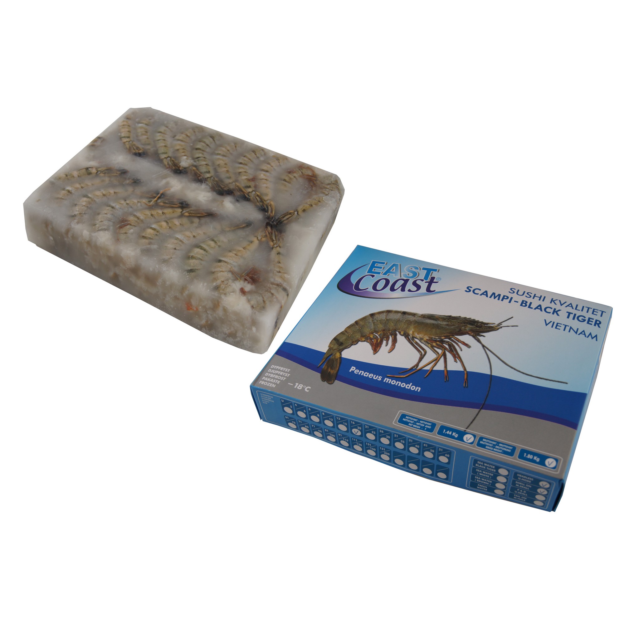Scampi 16/20 blokk vm 80% rå med skall uten hode 1,8kg