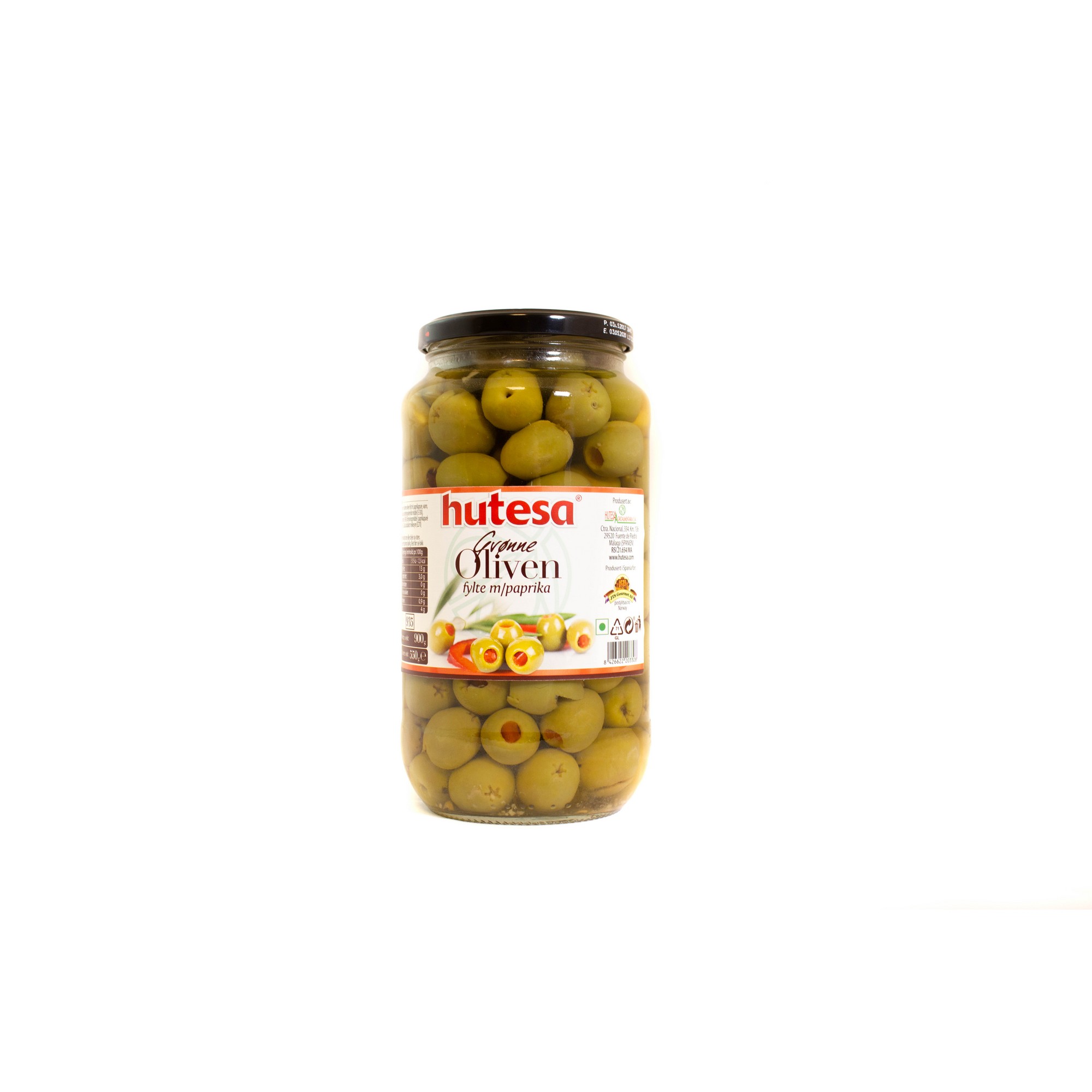 Grønn oliven m.paprika 900g