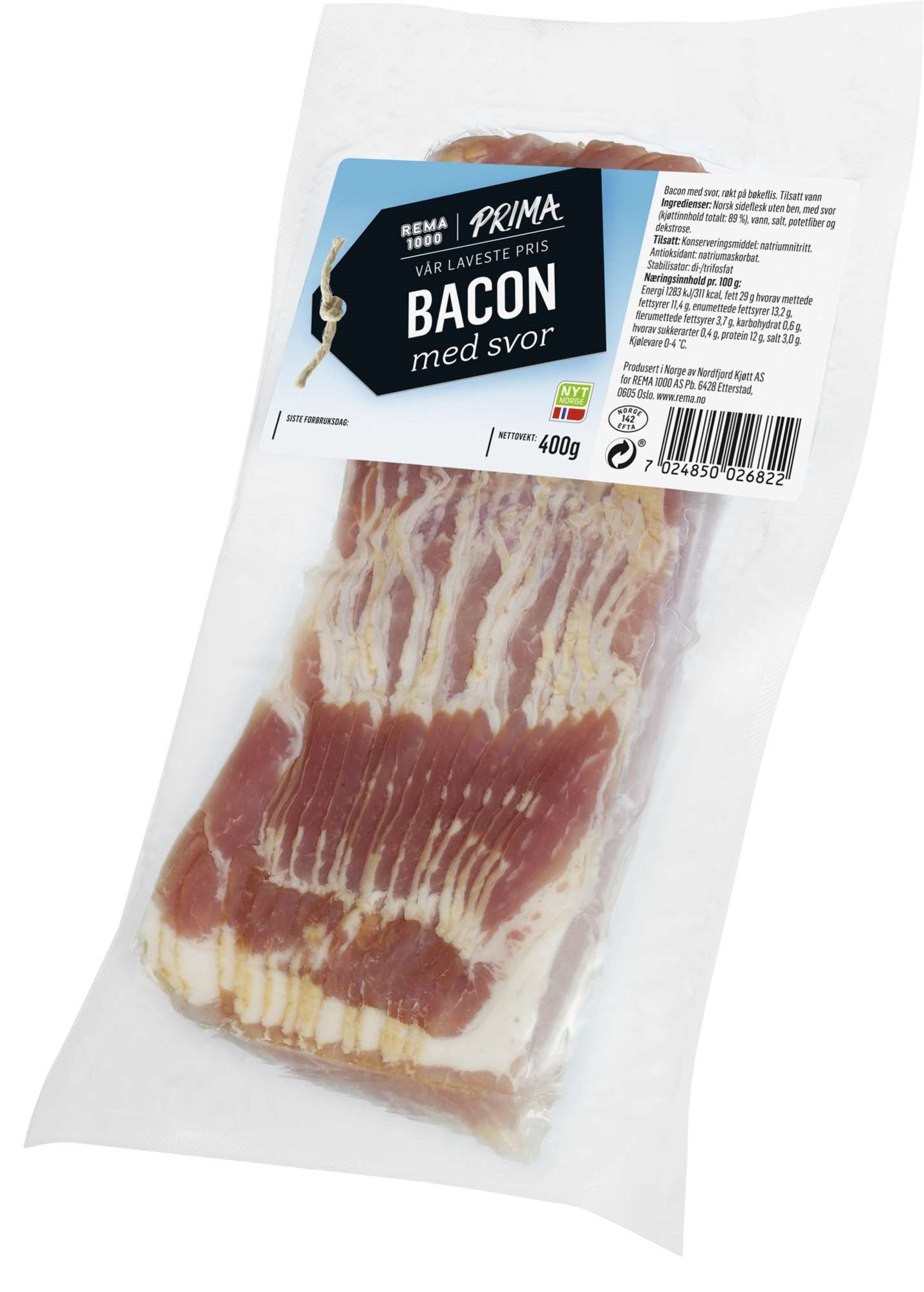 Nordfjord bacon m/svor oppskåret   400g