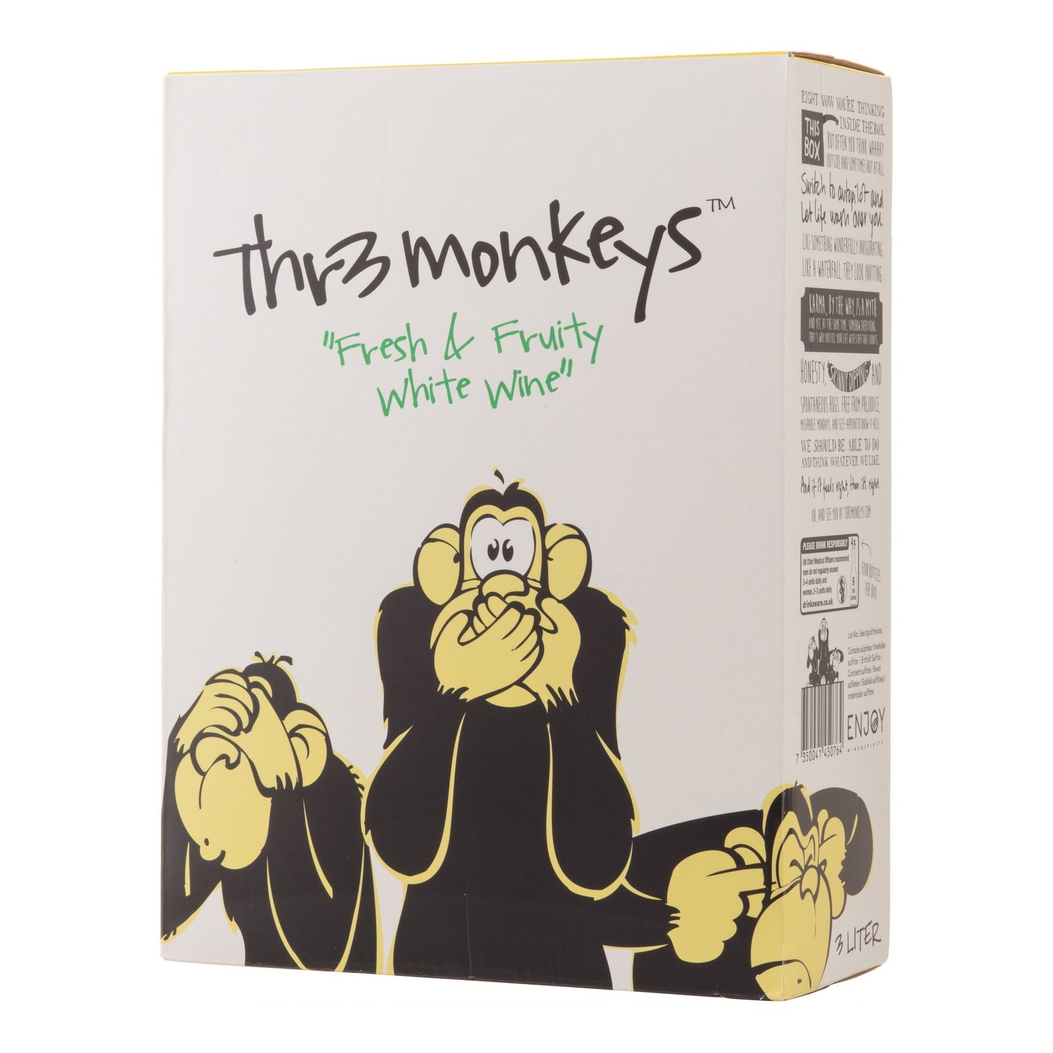 Thr3 monkeys fresh & fruity white wine 8,5% 3l