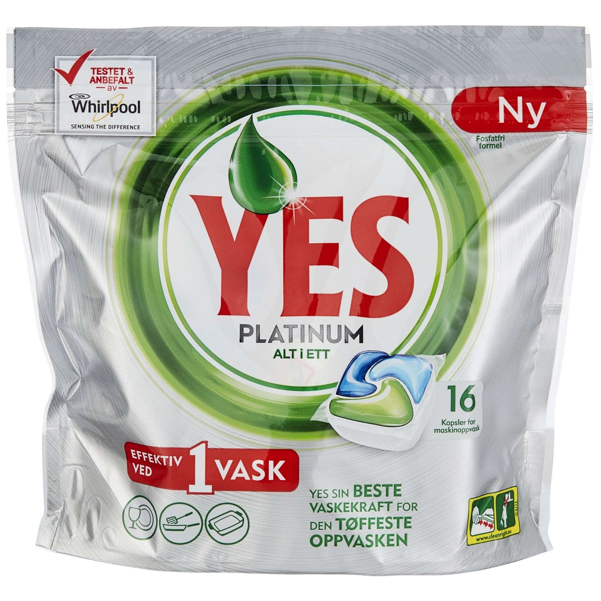 Yes oppvask mask. plattinum alt-i-ett 16stk
