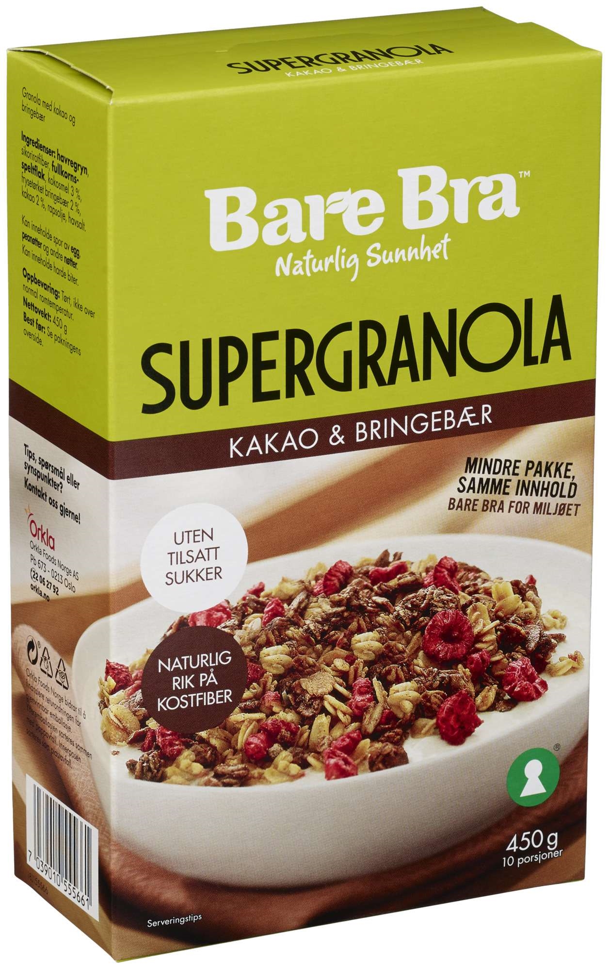 Supergranola kakao og bringebær 450g