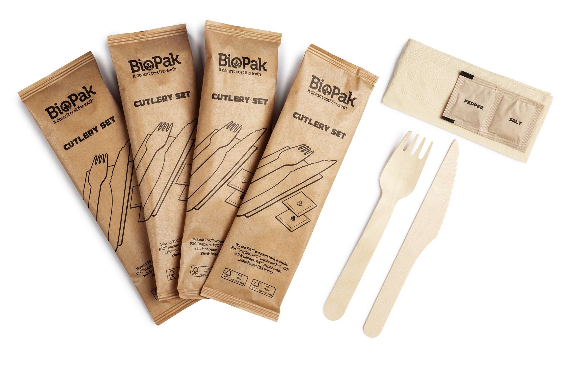 Cutlery set waxed wood knife, fork, napkin, salt&pepper 1pcs