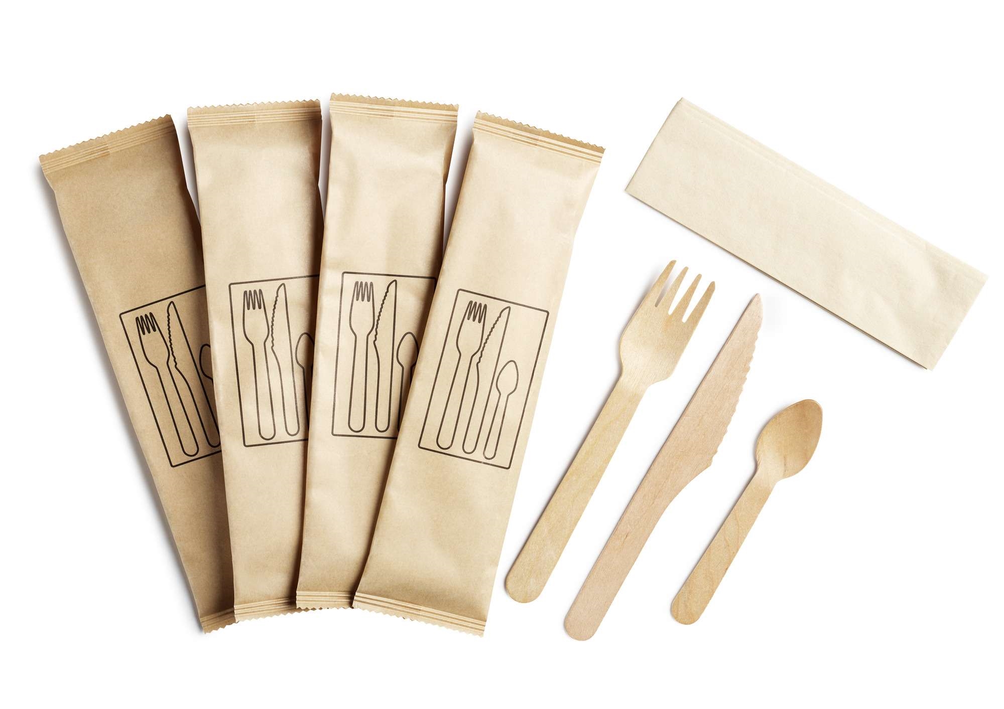 Cutlery set wood knife, fork, coffeesp, napkin brown  3pce