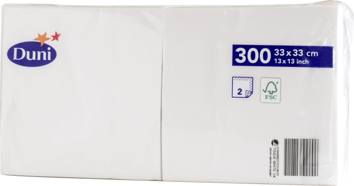 Serviett hvit 2l 33cm 300stk