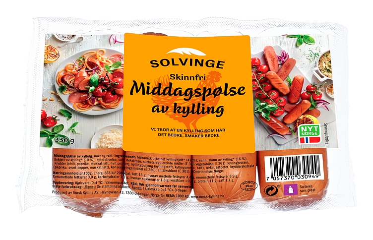 Middagspølse av kylling skinnfri   330g