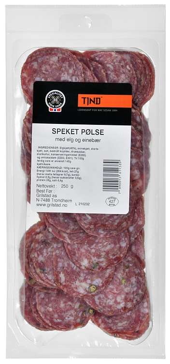 Spekepølse elg og einebær skivet  250g