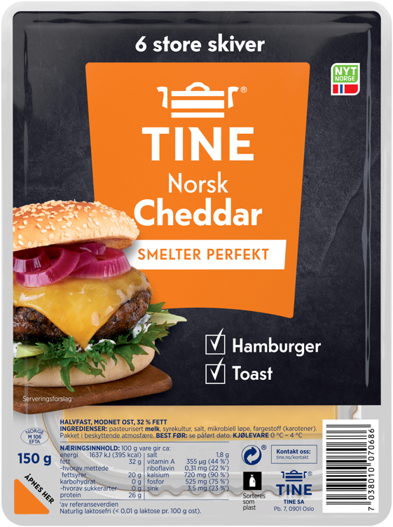 Cheddar burgerost, norsk 150g