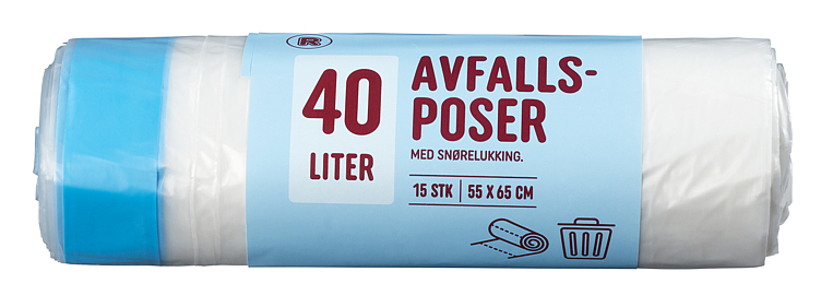 Avfallspose m/snøring klar 40l  15stk