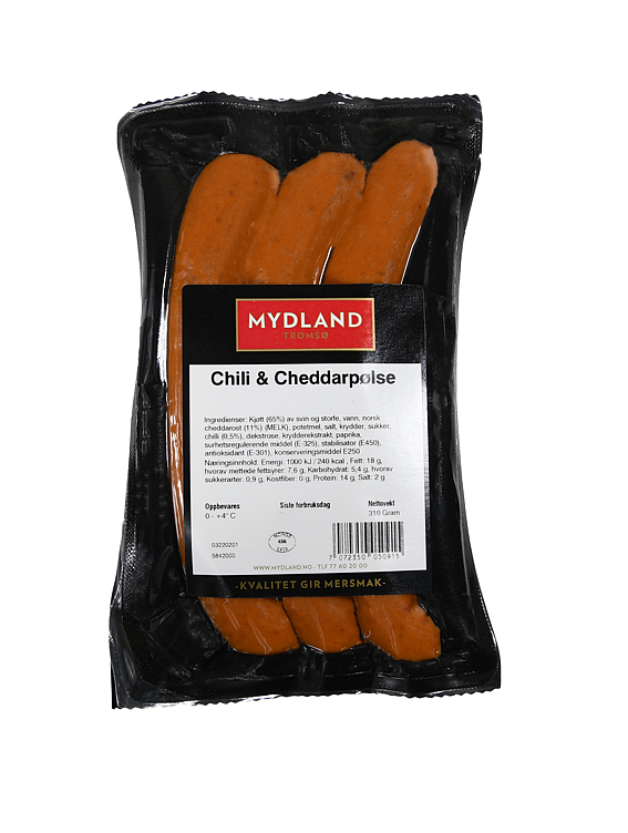 Cheddar og chilipølse pk 310g