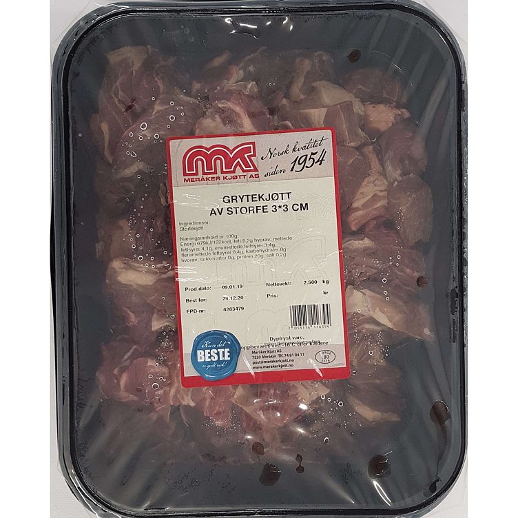 Grytekjøtt av storfe 3x3cm 2,5kg