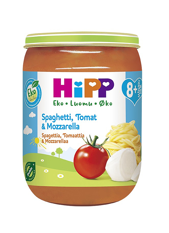 Hipp spaghetti tomat mozzarella 8 mnd  økol. 190g