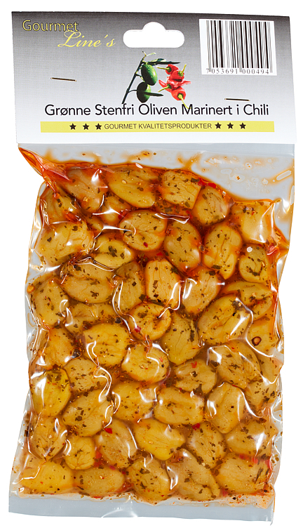 Oliven u/sten chilimarinert 250g