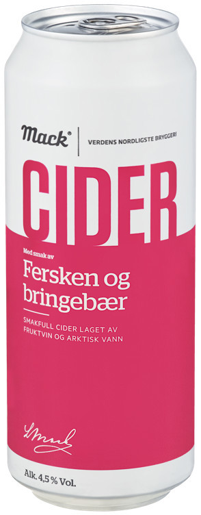 Mack cider fersken bringebær bx   4,5%   24x50cl