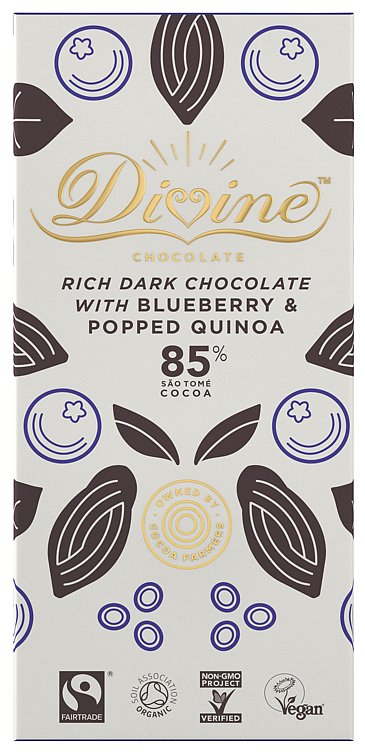 Dark chocolate 85% w/blueberry & pop. quinoa,økol. 80g