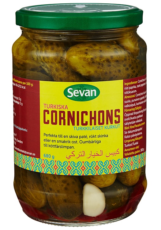Cornichons m/rødpaprika og sterk pepperoni   680g