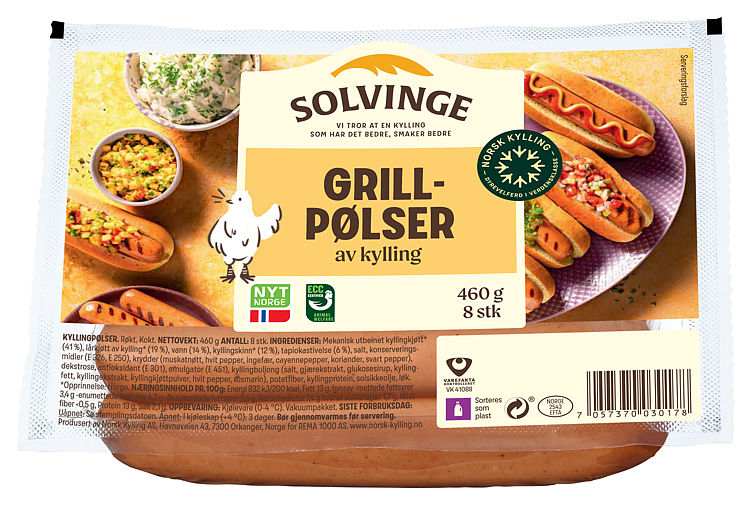 Grillpølse av kylling røkt 460g