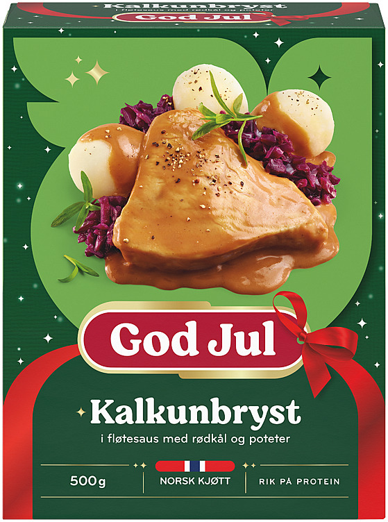 Kalkunbryst i fløtesaus med rødkål og poteter 500g