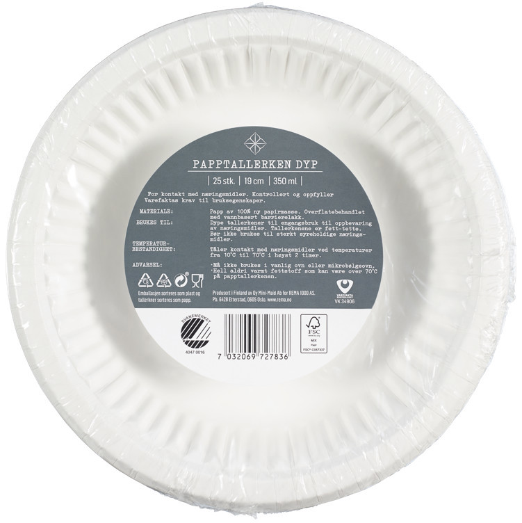 Papptallerken dyp 19cm  25stk