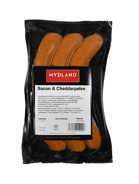 Cheddar og baconpølse pk   310g