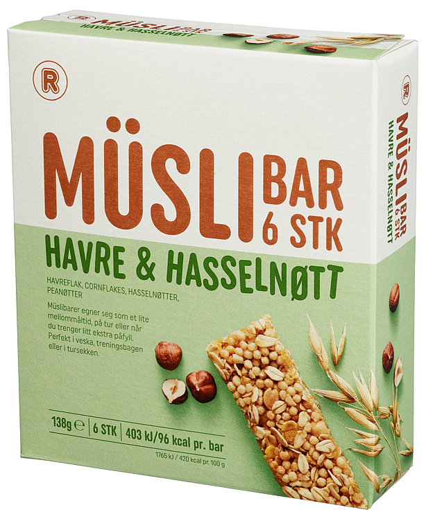 Müslibar hasselnøtt og havre 6x23g