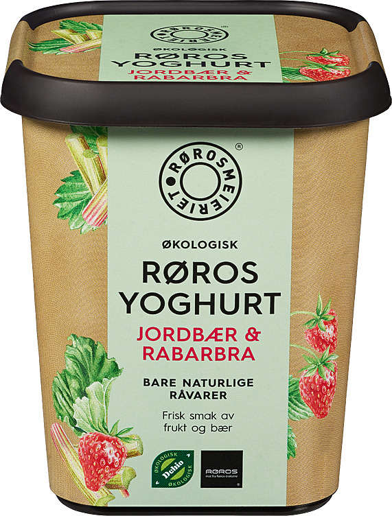 Røros yoghurt jordbær og rabarbra beger, økol.  500g