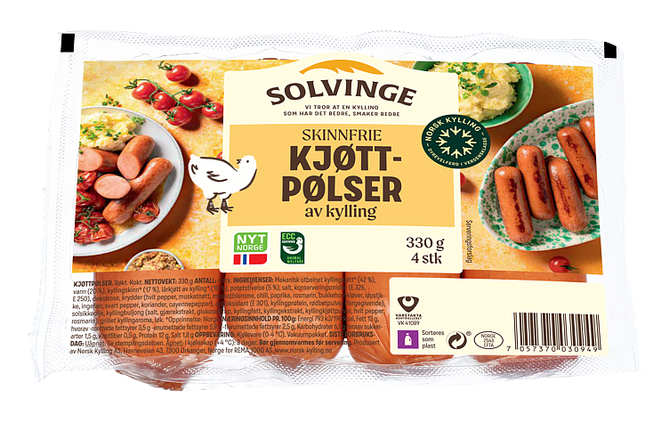 Middagspølse av kylling skinnfri   330g