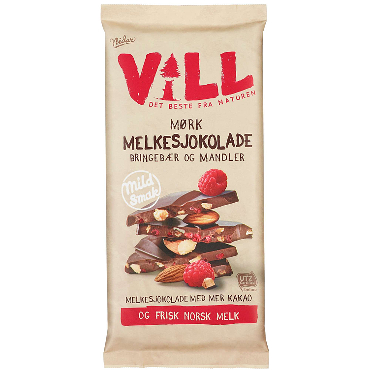 Mørk melkesjokolade bringebær og mandel   100g