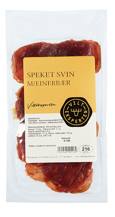 Speket svin med einebær skåret  100g