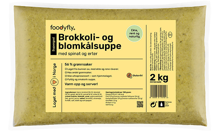 Brokkoli- og blomkålsuppe m/spinat og erter  2kg