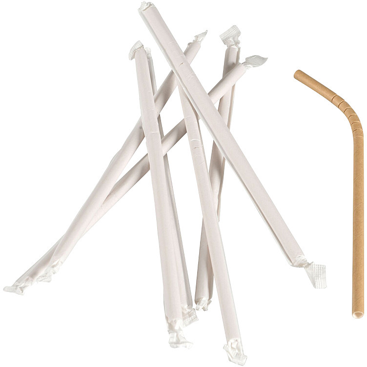 Sugerør m/bøy brun 24cm ø6mm papir enkeltpakket  250stk